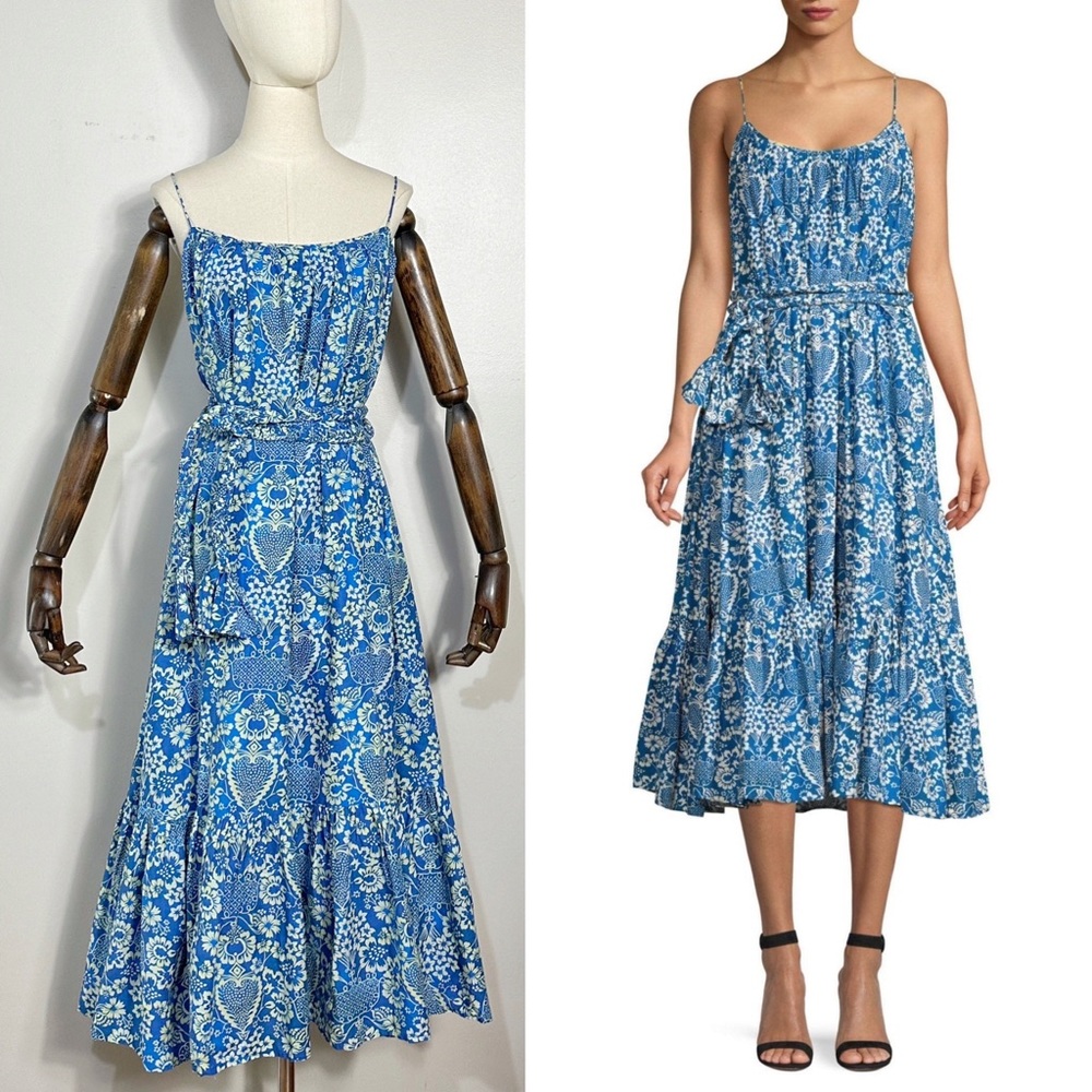 Rhode “Lea” belted Mediterranean blue tapestry print floral belted midi dress